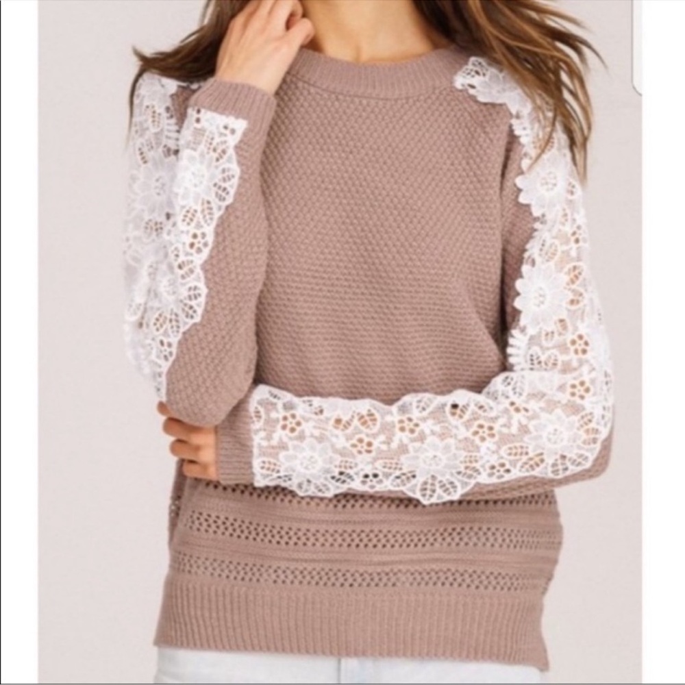 Listicle Lace Sleeve Sweater Beige Size Small